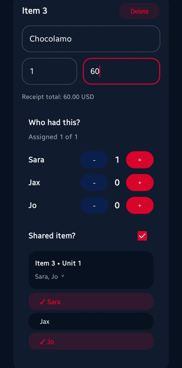 Assign receipt items in Divora
